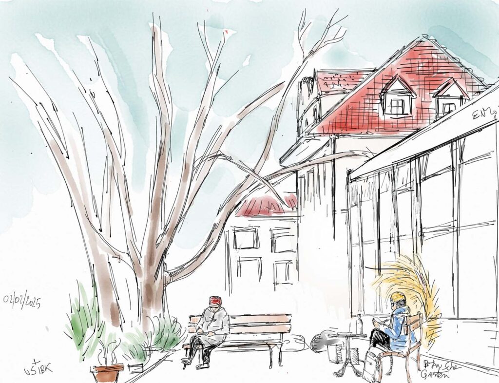 Urban Sketch, der zwei Mitglieder der Urban Sketchers Innsbruck zeigt, die im Botanischen Garten in Innsbruck zeichnen.