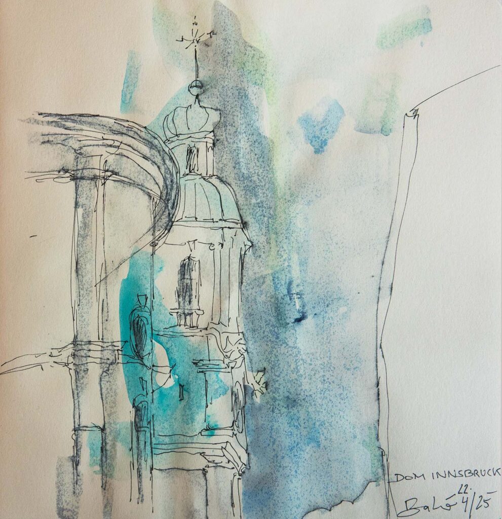 Urban Sketch, der den Dom zu St. Jakob in Innsbruck zeigt.