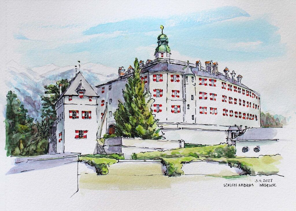 Urban Sketch, der das Schloss Ambras in Innsbruck zeigt.