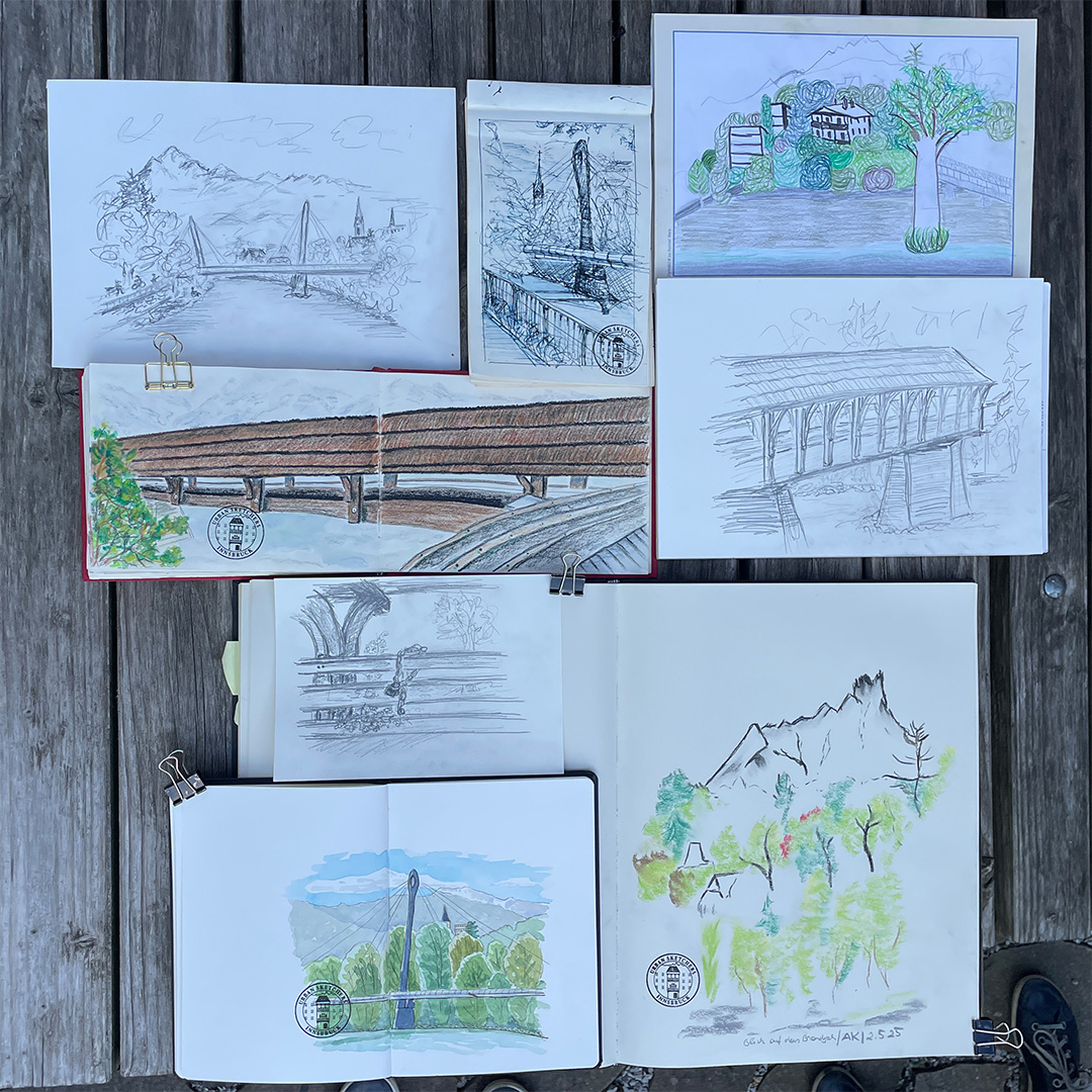 Das Bild zeigt die Urban Sketche, die auf dem Zeichner:innen-Treffen der USk Innsbruck gezeichnet wurden.