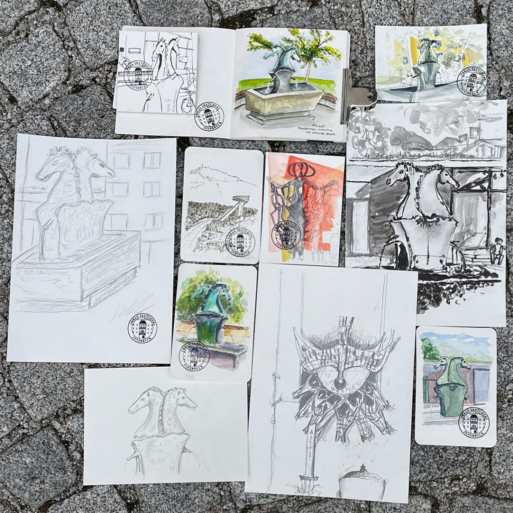 Das Bild zeigt die Urban Sketche, die auf dem Zeichner:innen-Treffen der USk Innsbruck gezeichnet wurden.