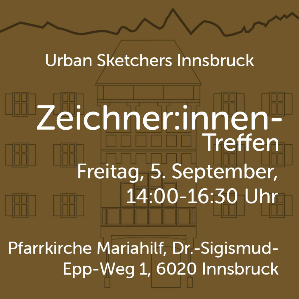Das Bild zeigt Datum, Uhrzeit und Ort des Zeichner:innen-Treffens der USk Innsbruck an.