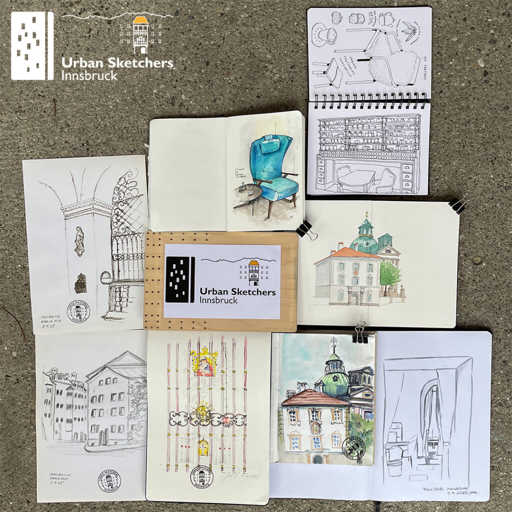 Das Bild zeigt die Urban Sketche, die auf dem Zeichner:innen-Treffen der USk Innsbruck gezeichnet wurden.