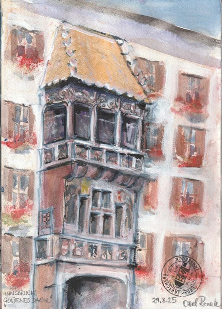Urban Sketch, der das Goldene Dachl in Innsbruck zeigt.