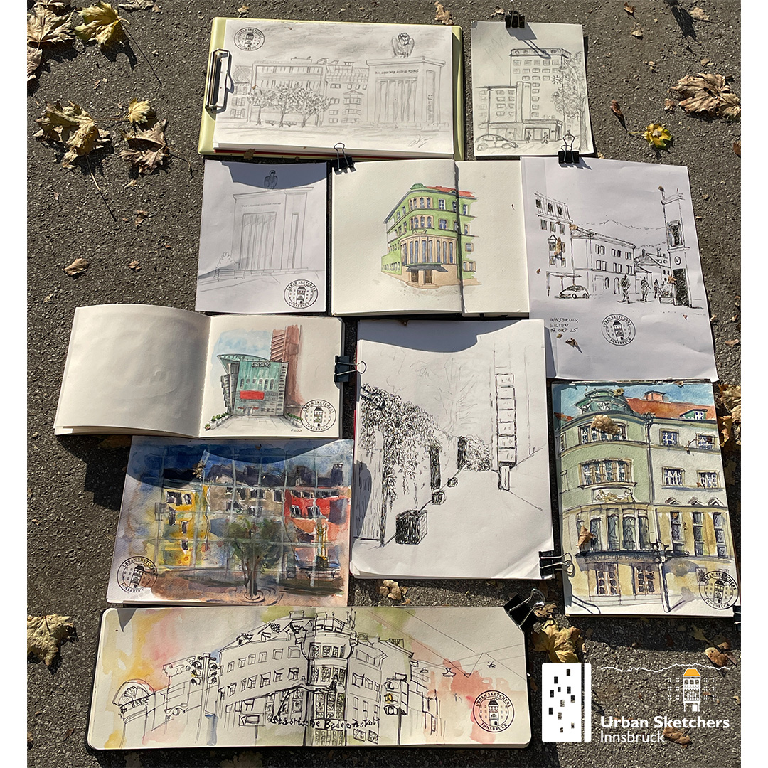 Das Bild zeigt die Urban Sketche, die auf dem Zeichner:innen-Treffen der USk Innsbruck gezeichnet wurden.