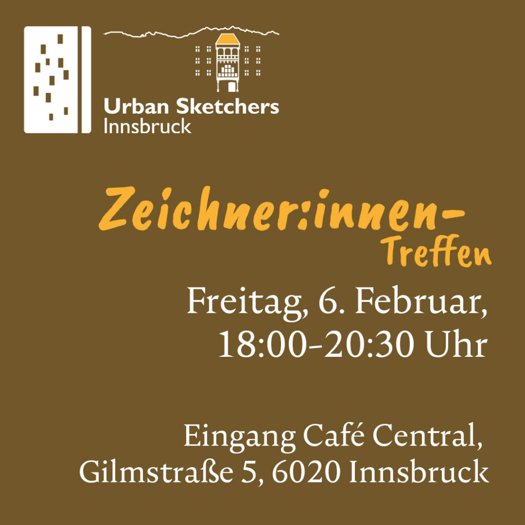 Das Bild zeigt Datum, Uhrzeit und Ort des Zeichner:innen-Treffens der USk Innsbruck an.