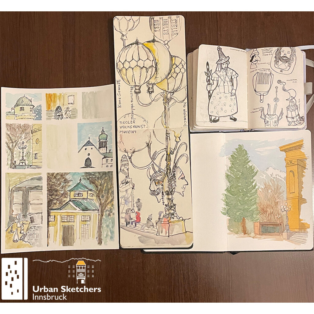 Das Bild zeigt die Urban Sketche, die auf dem Zeichner:innen-Treffen der USk Innsbruck gezeichnet wurden.