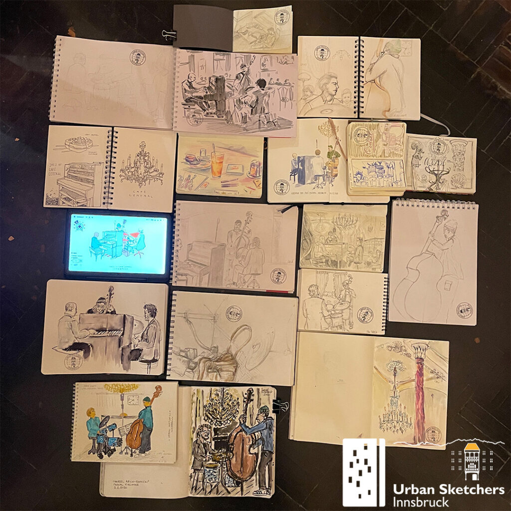 Das Bild zeigt die Urban Sketche, die auf dem Zeichner:innen-Treffen der USk Innsbruck gezeichnet wurden.