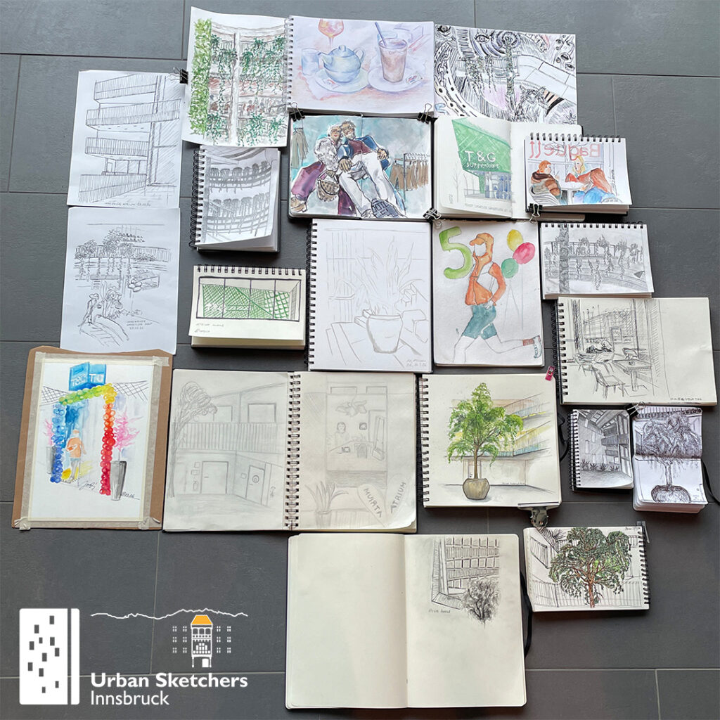 Das Bild zeigt die Urban Sketche, die auf dem Zeichner:innen-Treffen der USk Innsbruck gezeichnet wurden.