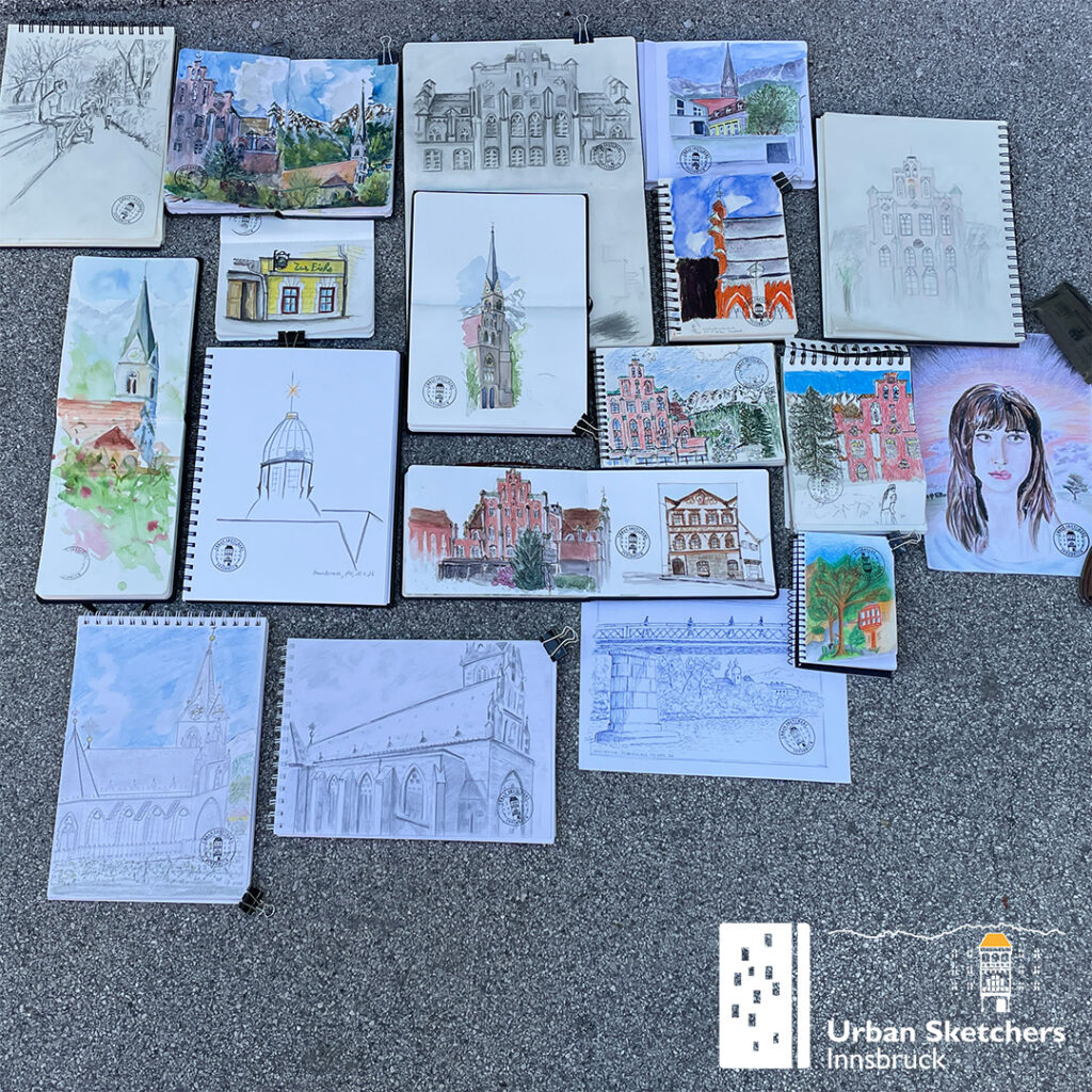 Das Bild zeigt die Urban Sketche, die auf dem Zeichner:innen-Treffen der USk Innsbruck gezeichnet wurden.