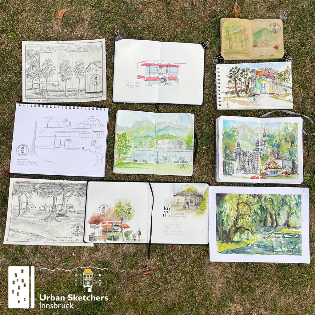 Das Bild zeigt die Urban Sketche, die auf dem Zeichner:innen-Treffen der USk Innsbruck gezeichnet wurden.