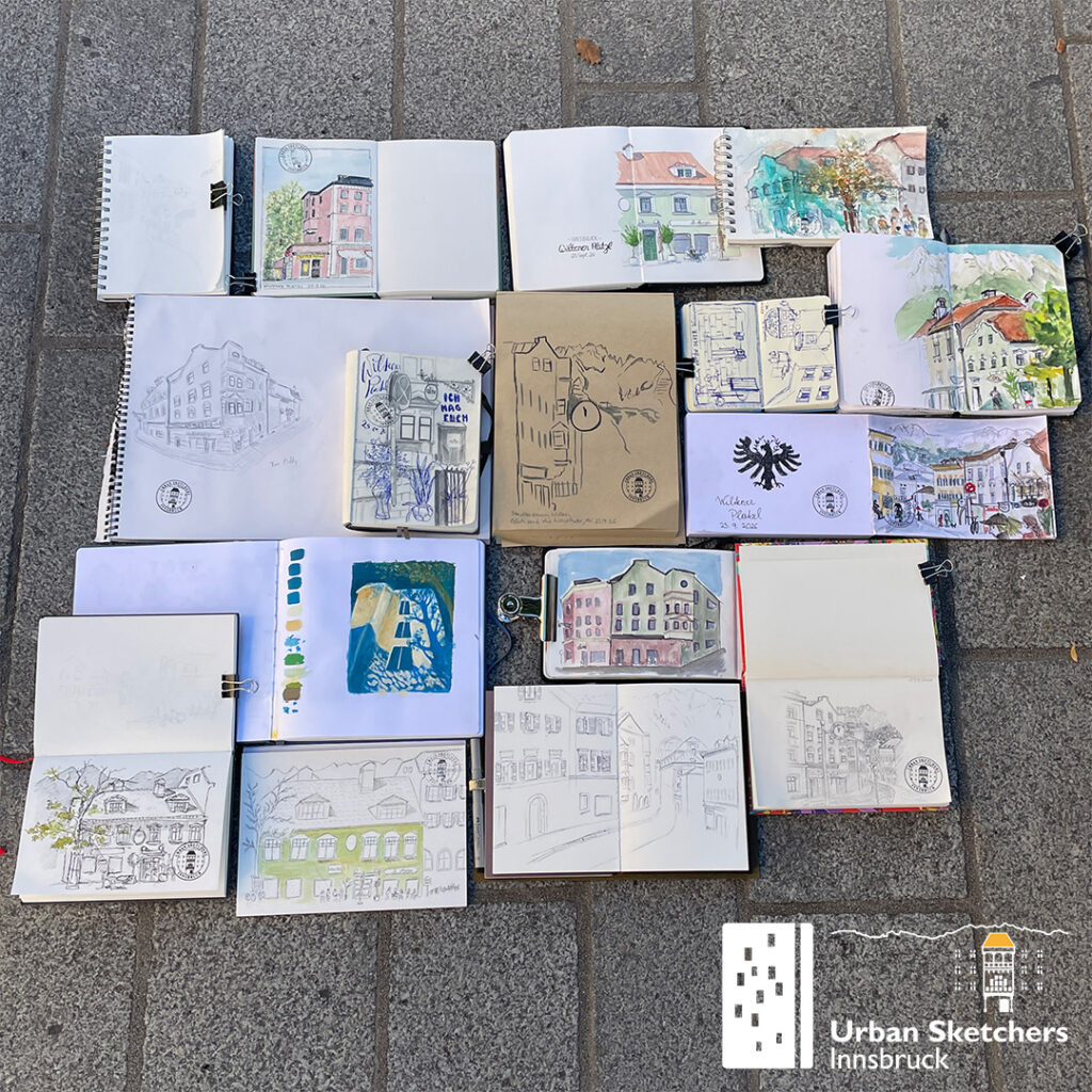 Das Bild zeigt die Urban Sketche, die auf dem Zeichner:innen-Treffen der USk Innsbruck gezeichnet wurden.
