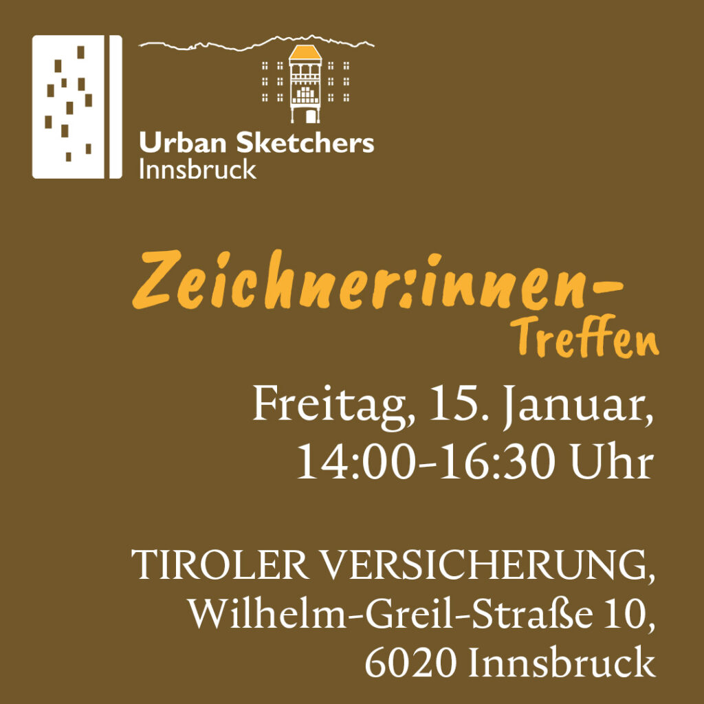 Das Bild zeigt Datum, Uhrzeit und Ort des Zeichner:innen-Treffens der USk Innsbruck an.