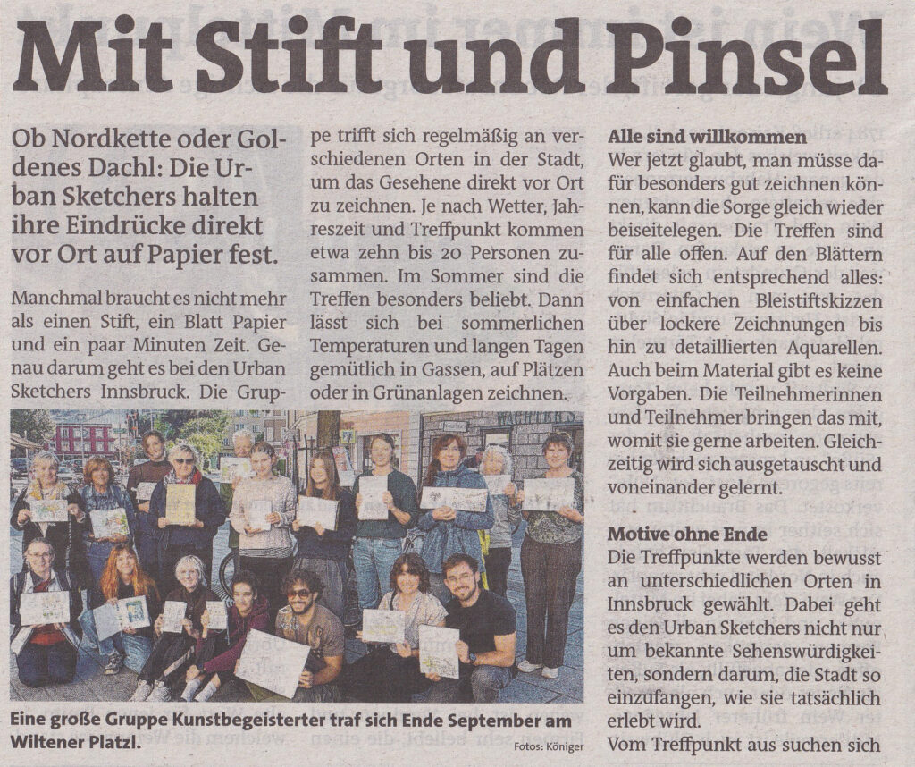 Das Bild enthält S. 16 des Zeitungsausschnitts: Mein Bezirk Tirol, Lokales, Innsbruck, 30./01. Oktober 2026, Seite 16-17 Mit Stift und Pinsel durch Innsbruck, von Lucia Königer