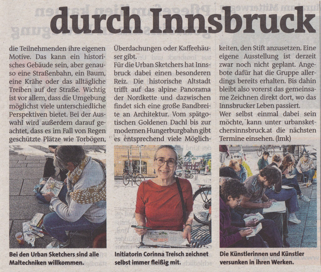 Das Bild enthält S. 17 des Zeitungsausschnitts: Mein Bezirk Tirol, Lokales, Innsbruck, 30./01. Oktober 2026, Seite 16-17 Mit Stift und Pinsel durch Innsbruck, von Lucia Königer