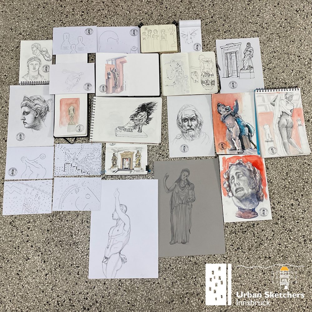 Das Bild zeigt die Urban Sketche, die auf dem Zeichner:innen-Treffen der USk Innsbruck gezeichnet wurden.