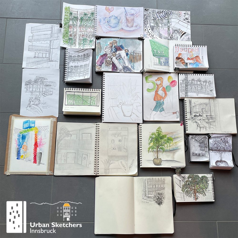 Das Bild zeigt die Urban Sketche, die auf dem Zeichner:innen-Treffen der USk Innsbruck gezeichnet wurden.