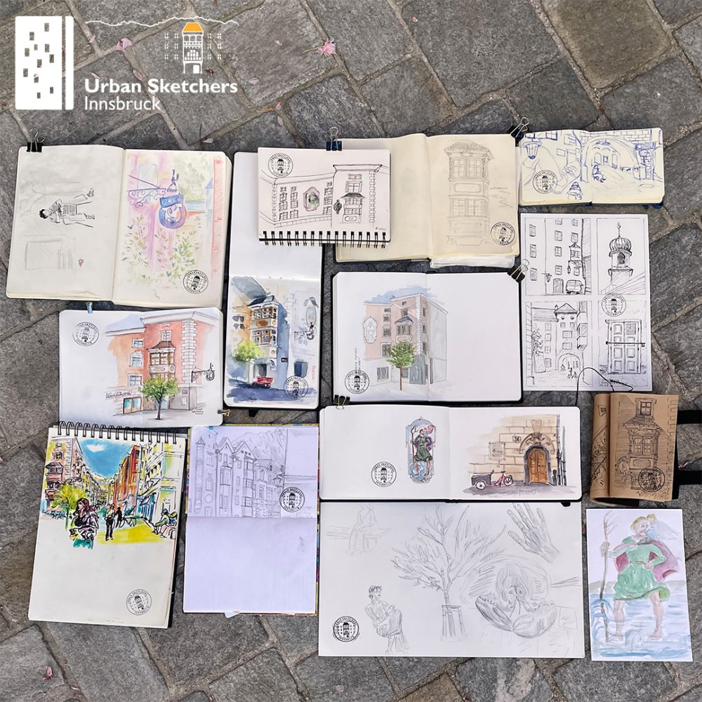Das Bild zeigt die Urban Sketche, die auf dem Zeichner:innen-Treffen der USk Innsbruck gezeichnet wurden.
