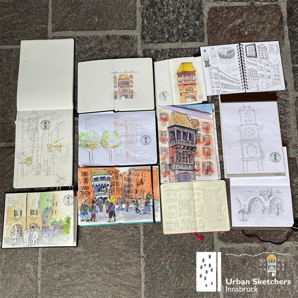Das Bild zeigt die Urban Sketche, die auf dem Zeichner:innen-Treffen der USk Innsbruck gezeichnet wurden.