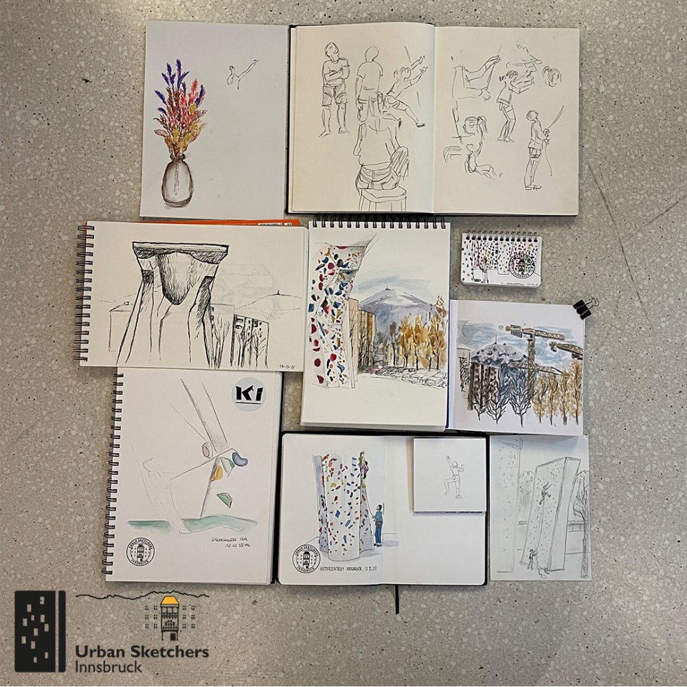 Das Bild zeigt die Urban Sketche, die auf dem Zeichner:innen-Treffen der USk Innsbruck gezeichnet wurden.