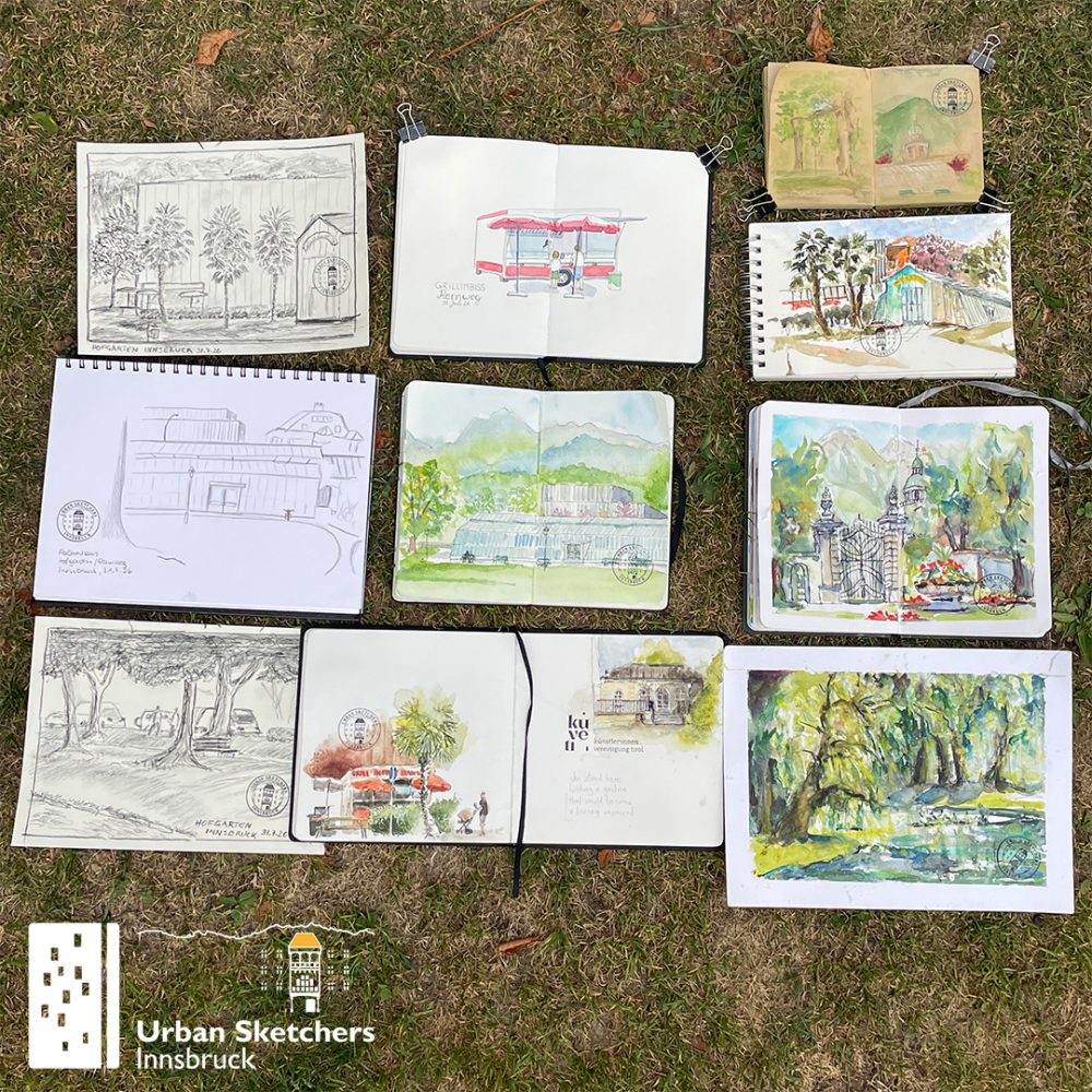Das Bild zeigt die Urban Sketche, die auf dem Zeichner:innen-Treffen der USk Innsbruck gezeichnet wurden.