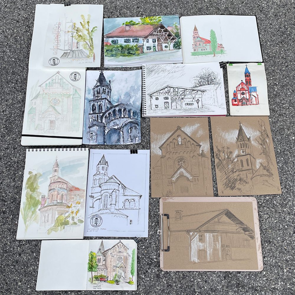 Das Bild zeigt die Urban Sketche, die auf dem Zeichner:innen-Treffen der USk Innsbruck gezeichnet wurden.