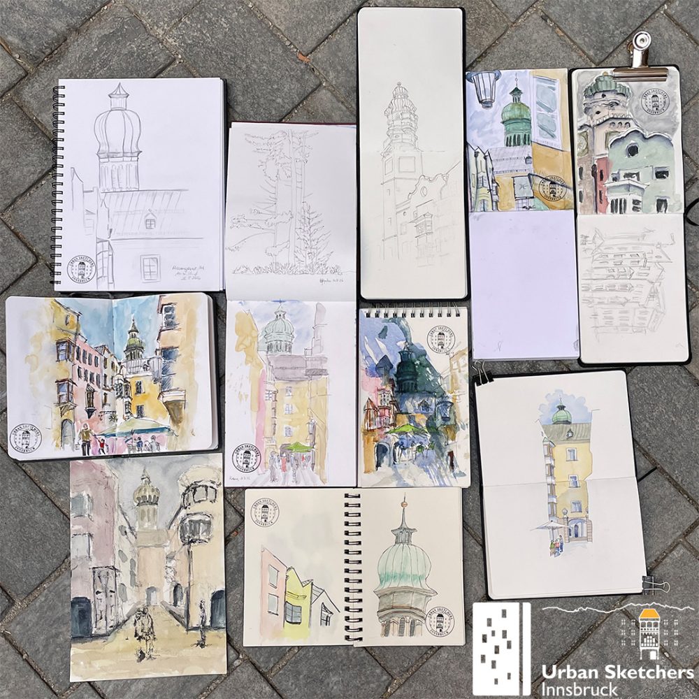 Das Bild zeigt die Urban Sketche, die auf dem Zeichner:innen-Treffen der USk Innsbruck gezeichnet wurden.