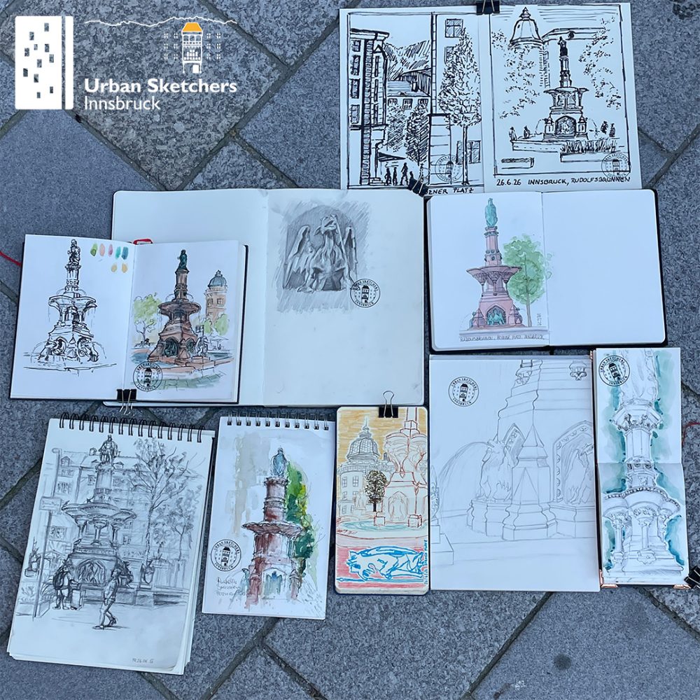 Das Bild zeigt die Urban Sketche, die auf dem Zeichner:innen-Treffen der USk Innsbruck gezeichnet wurden.