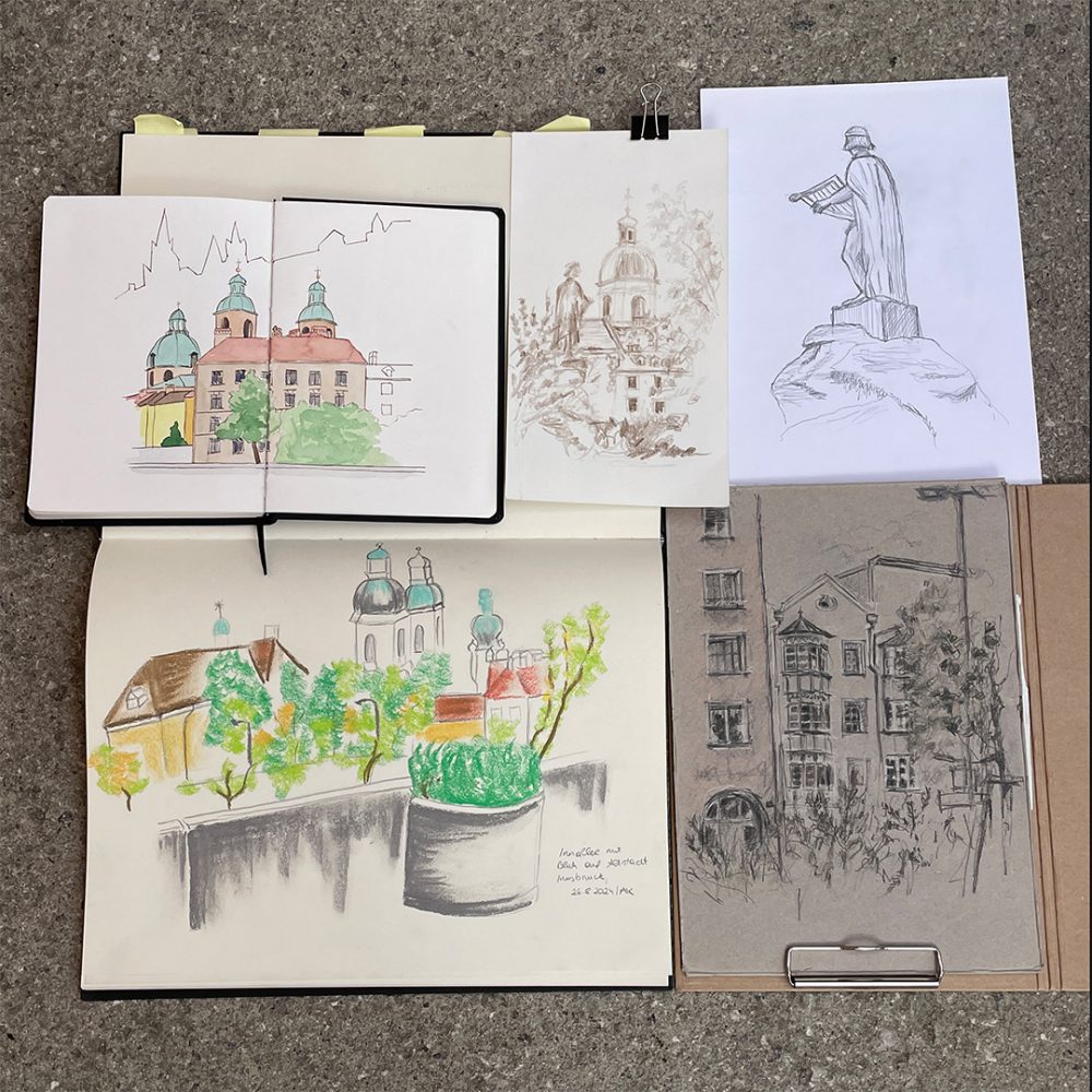 Das Bild zeigt die Urban Sketche, die auf dem Zeichner:innen-Treffen der USk Innsbruck gezeichnet wurden.